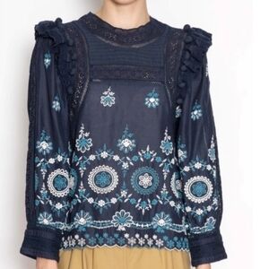 Sea New York Navy Blue and White Embroidered Boho Blouse Sz0
